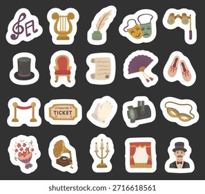 Theater set in scandinavian style showcasing note sign, lyre, inkwell, quill, mask, binoculars, armchair, fan, ticket, spotlight, bouquet, gramophone, candelabra, curtain, stage