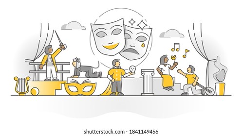 Theater show art form with acting stage actors monocolor outline concept. Opera or drama theatre performance as part of classic live culture events vector illustration. Dramaturgy masks and costumes.