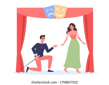 Theater show. Female and male actors in costumes perfom a play. Red curtains and stage. Vector flat illustration