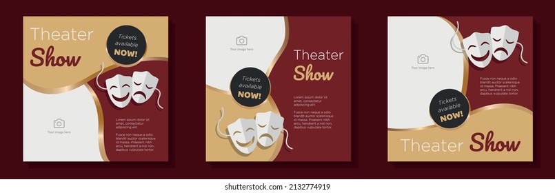 Theater show social media post, banner set, actor dramatic, happy masks advertisement concept, actor face mask marketing square ad, abstract print, isolated on background.