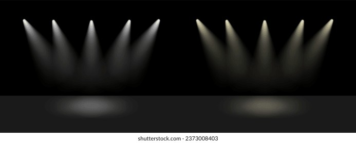 Theater show spotlight effect. Vector spot lightened stage background. White lamp glow in black concert studio. Night award scene