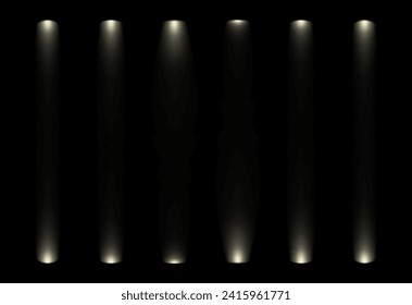 Theater show spotlight effect. Vector spot lightened stage background. White lamp glow in black concert studio. Night award scene