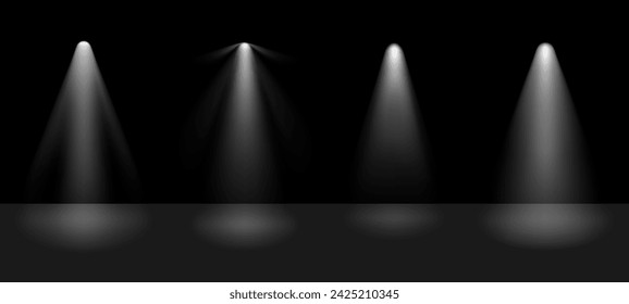 Theater show spotlight effect. Vector spot lightened stage background. White lamp glow in black concert studio. Night award scene