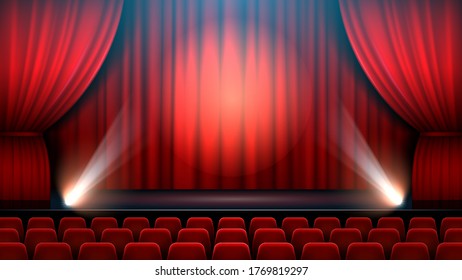 Theater show stage interior with red curtain, spotlight and theater chairs. Entertainment show theater, interior theatre hall. Vector illustration