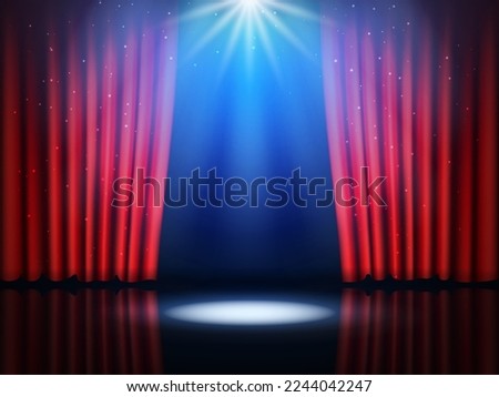 Theater show stage. Red curtains. Open Broadway scene. Cabaret backdrop with spotlights. Illuminated spot. Cinema presentation. Scarlet velvet drapery with folds. Vector empty background