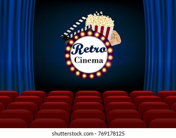 Theater sign or a cinema sign on a blue curtain with backlighting, red seat and popcorn, ticket. Vector Illustration. eps 10