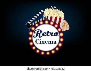 Theater sign or a cinema sign on a blue screen backlighting, and popcorn, ticket. Vector Illustration. eps 10