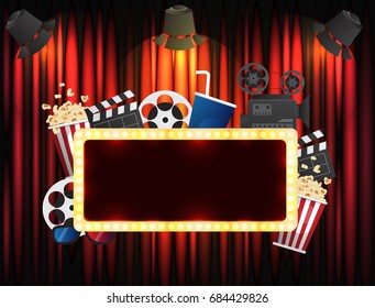 theater sign or cinema sign on curtain with spot light.vector