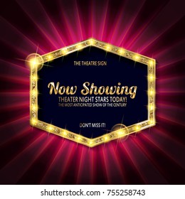 Theater Sign Or Cinema Sign On Curtain With Spot Light,frame,border. Vector Illustration