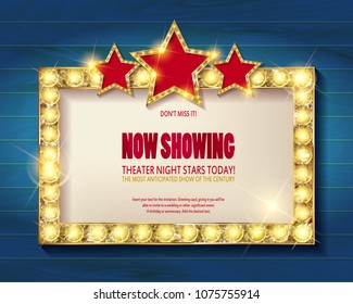 Theater sign or cinema sign with stars on wooden background. Gold retro signboard. Vector