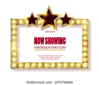 Theater sign or cinema sign with stars on white background. Gold retro signboard. Vector