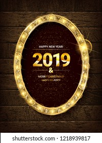Theater sign or cinema sign with stars on wooden background. Gold retro signboard. Vector illustration