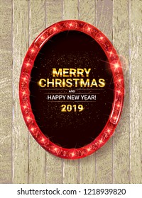Theater sign or cinema sign with stars on wooden background. Gold retro signboard. Vector illustration