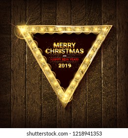 Theater sign or cinema sign with stars on wooden background. Gold retro signboard. Vector illustration