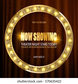 Theater sign circle.Brightly glowing retro cinema neon sign.