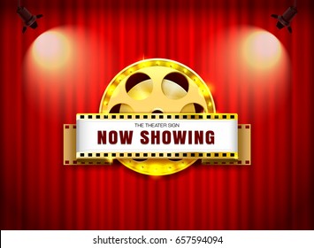 theater sign film roll on curtain with spotlight vector illustration