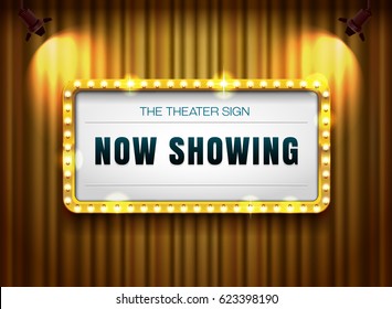 Theater Sign Gold Frame On Curtain With Spotlight Vector Illustration