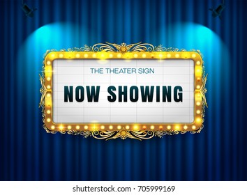 theater sign gold frame on curtain