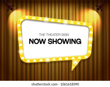 Theater Sign On Curtain Background With Spotlight Vector Illustration