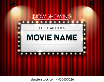 Theater sign on curtain and spot light background