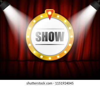 Theater sign on curtain with spotlight. Vector illustration. Eps 10.