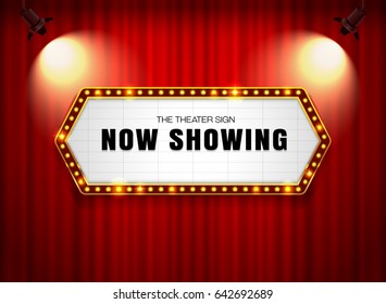 theater sign on curtain with spotlight vector illustration