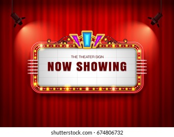 Theater sign retro on curtain with spotlight background vector illustration