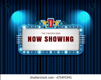 Theater sign retro on curtain with spotlight background vector illustration