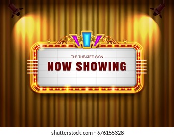 Theater sign retro on curtain with spotlight background vector illustration