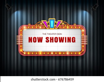 Theater sign retro on curtain with spotlight background vector illustration