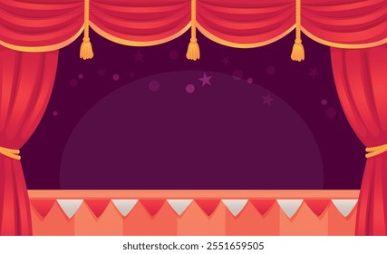 Theater stage background. Cartoon scene with red curtains. Vector illustration