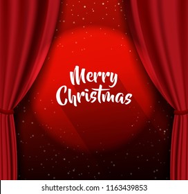 Theater stage background,  Merry Christmas greetings with stars, red curtain, searchlight.