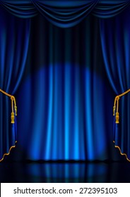 Theater Stage With Blue Curtain And Spotlight. Vector Illustration.