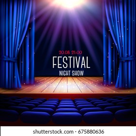 A Theater Stage With A Blue Curtain And A Spotlight. Festival Night Show Poster. Vector. 