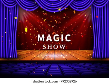 A Theater Stage With A Blue Curtain And A Spotlight And Wooden Floor. Magic Show Poster. Vector.