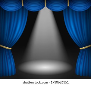 Theater stage with blue curtains and spotlight. Vector background with open velvet drapes with golden cord and beam of searchlight in dark. Illustration of empty podium in cinema, opera or show