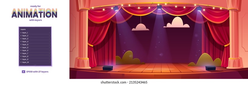 Theater stage cartoon background for game animation with 2d separated layers. Red curtains, decoration and spotlights at theatre interior with wooden scene. Parallax slidescroll Vector illustration