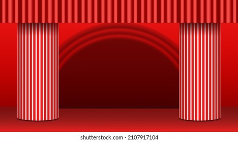 Theater stage with columns and background. Realistic scene with red curtain and striped columns