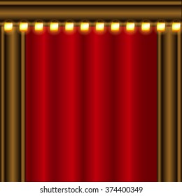 Theater stage with columns, lamps and red curtains. Vector.