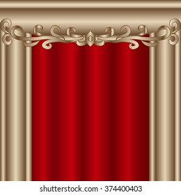 Theater stage with columns and red curtains. Vector.