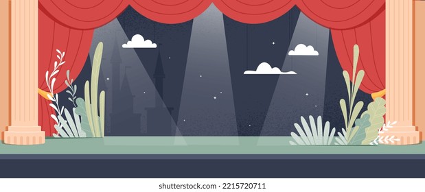 Theater stage concept. Place for speeches and performances. Creativity and art. Castle stylue against black sky with stars. Cardboard decorations and spotlights. Cartoon flat vector illustration