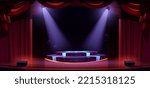 Theater stage or concert hall with podium, spotlights and red curtains. Award ceremony, presentation or live performance show scene, illuminated platform under light beams, Cartoon vector illustration