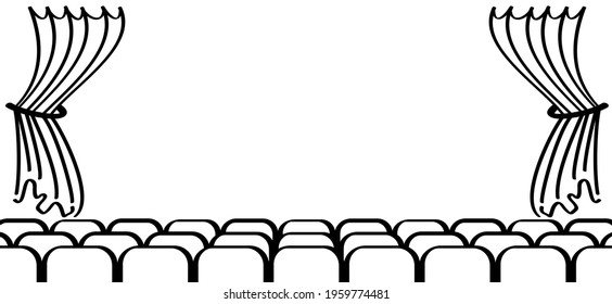 Theater Stage With A Curtain. Entertainment, Festival, Theatre Or Cinema Banner. Rows Of Cinema Or Theater Seats. Empty Movie Theater Auditorium. Flat Vector