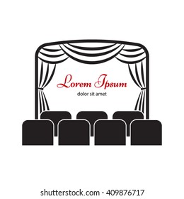 Theater Stage With Curtain And Seats Vector  Illustration.  Cinema Logo, Label Or Badge  Template.