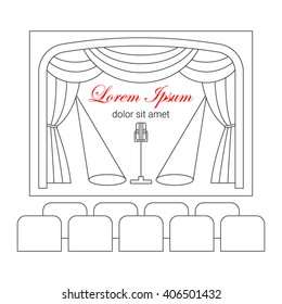 Theater Stage With Curtain, Spotlights, Microphone And Seats Vector Line Illustration.  Entertainment Icon. 