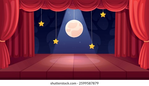 Theater stage with curtains. Empty scene with red luxury curtain, moon and stars decorations and spotlights. Wooden stage for entertainment, nowaday vector illustration