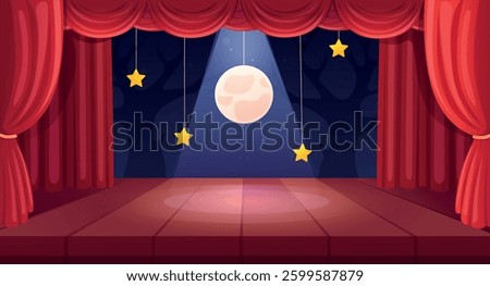 Theater stage with curtains. Empty scene with red luxury curtain, moon and stars decorations and spotlights. Wooden stage for entertainment, nowaday vector illustration