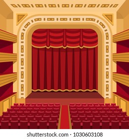Theater stage with curtains entertainment spotlights theatrical scene interior old opera performance background vector illustration.