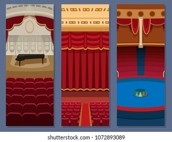 Theater stage with curtains entertainment spotlights theatrical scene interior old opera performance background vector illustration.