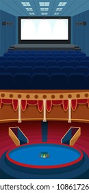 Theater stage with curtains entertainment spotlights theatrical scene interior old opera performance background vector illustration.